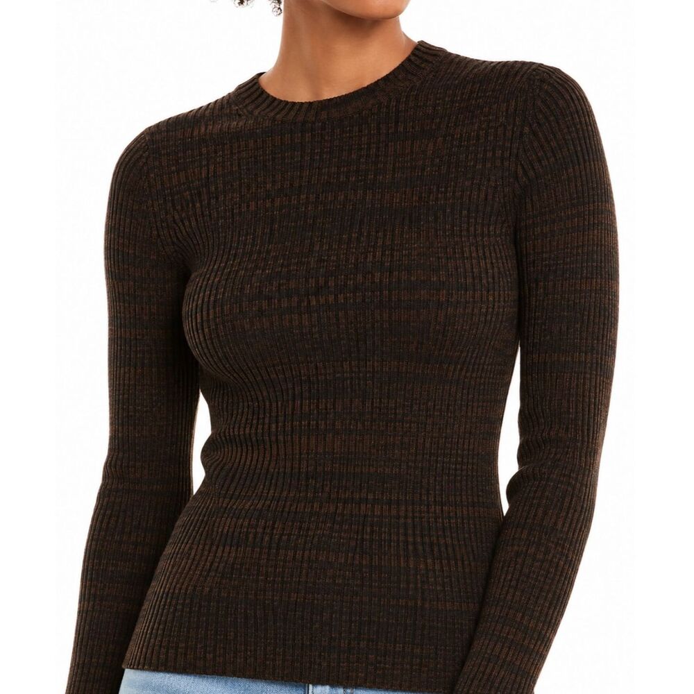 Vince Marled Rib-Knit Fitted Crewneck Sweater - Brown/Black - Size M $295